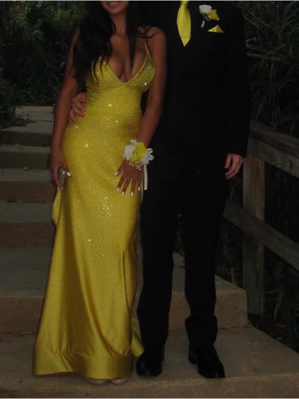 Yellow Rhinestone V-Neck Prom Dress